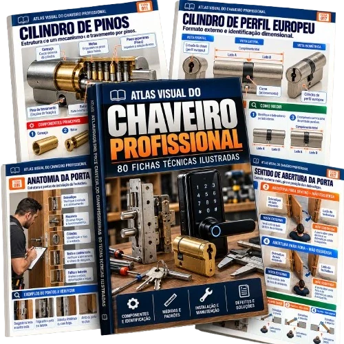 Atlas Visual do Chaveiro Profissional com capa e exemplos de fichas técnicas ilustradas
